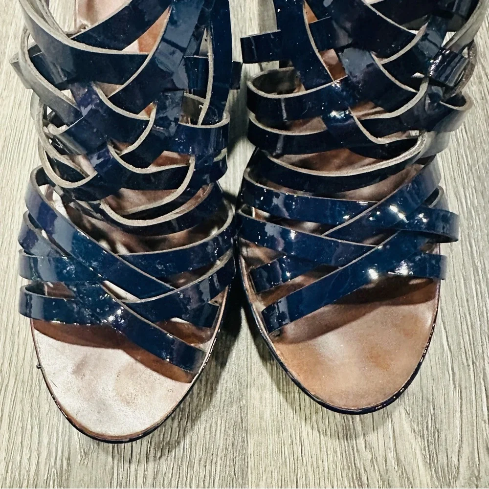 Tory Burch Blue and Brown Wedge Sandals with Stylish Straps